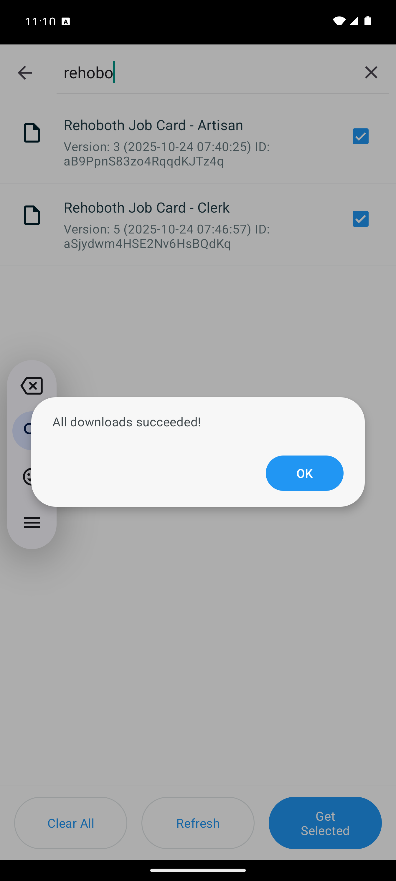 Downloading assigned job cards screen